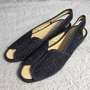 Spavo Black Leather Slingback Peep Toe Flats Terry Lined EU 41 Made in Spain NEW